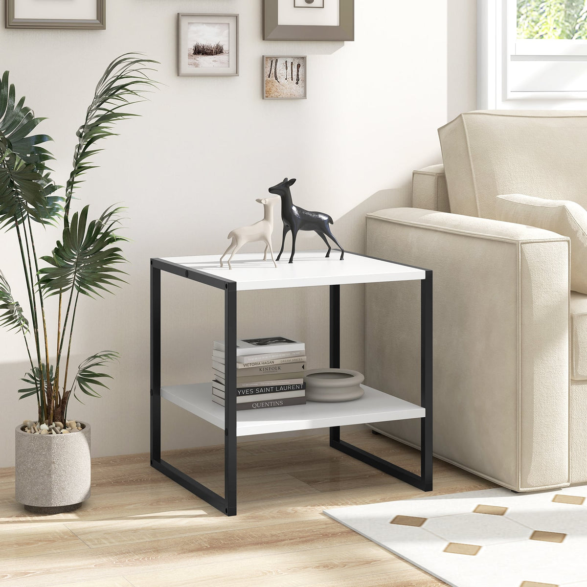 2-Tier Square End Table with Storage Shelf Reversible Design-White-End & Side Tables-DECOROLALA