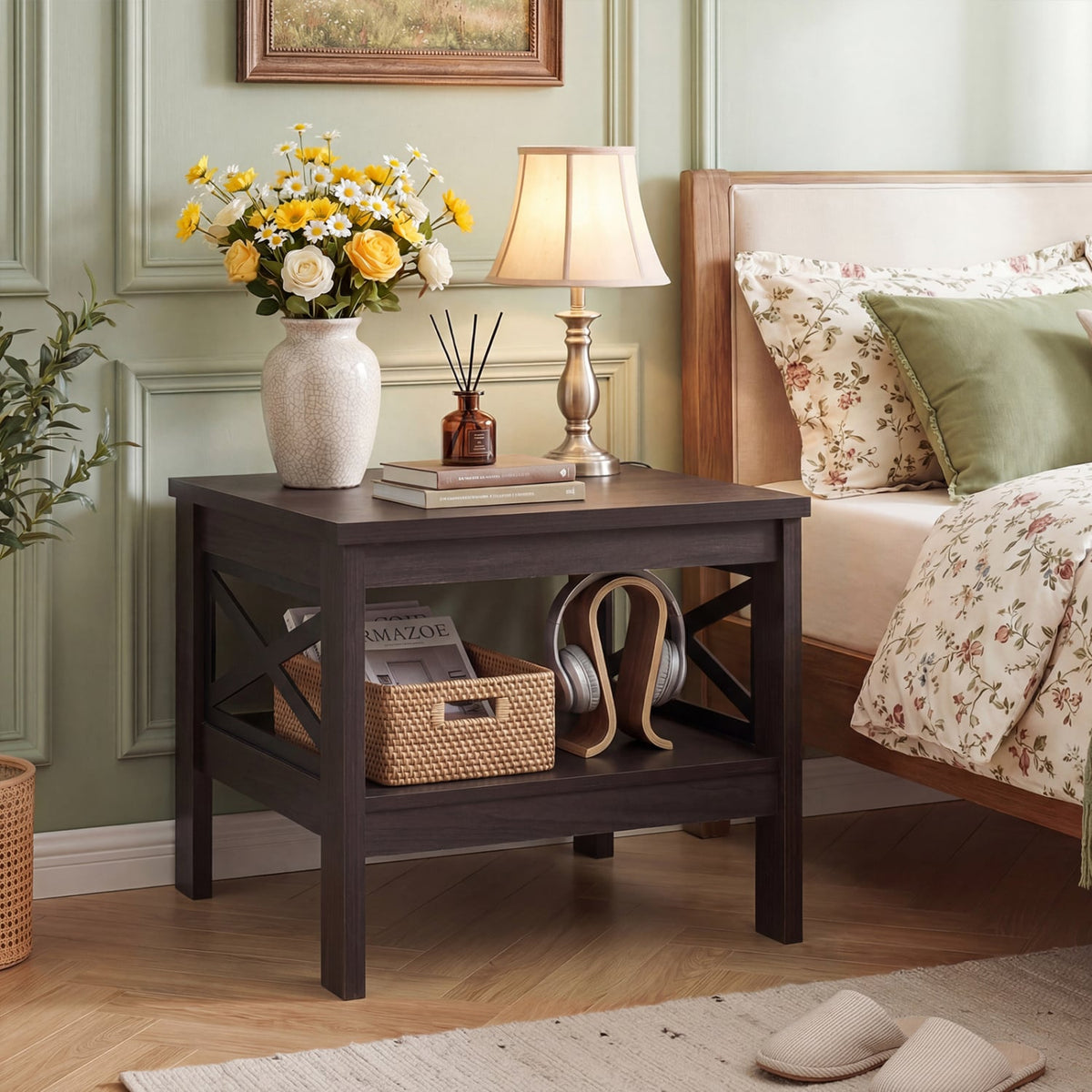 2-Tier Square Side Table with Storage Shelf and X-Frame for Bedroom Living Room-Brown-End & Side Tables-DECOROLALA