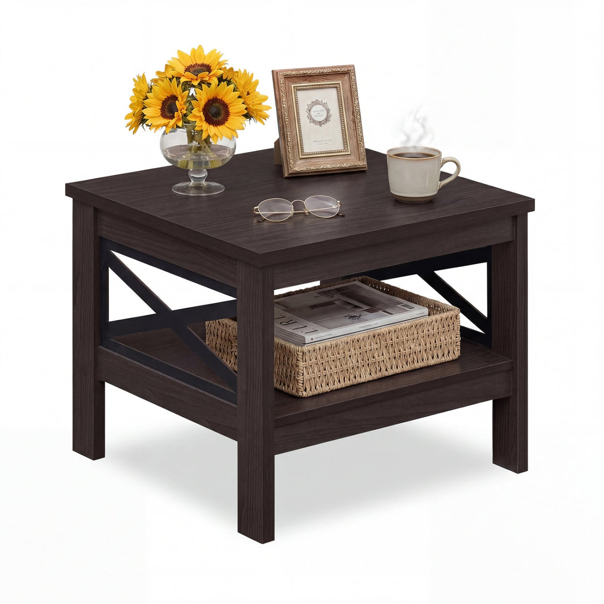 2-Tier Square Side Table with Storage Shelf and X-Frame for Bedroom Living Room-Brown-End & Side Tables-DECOROLALA