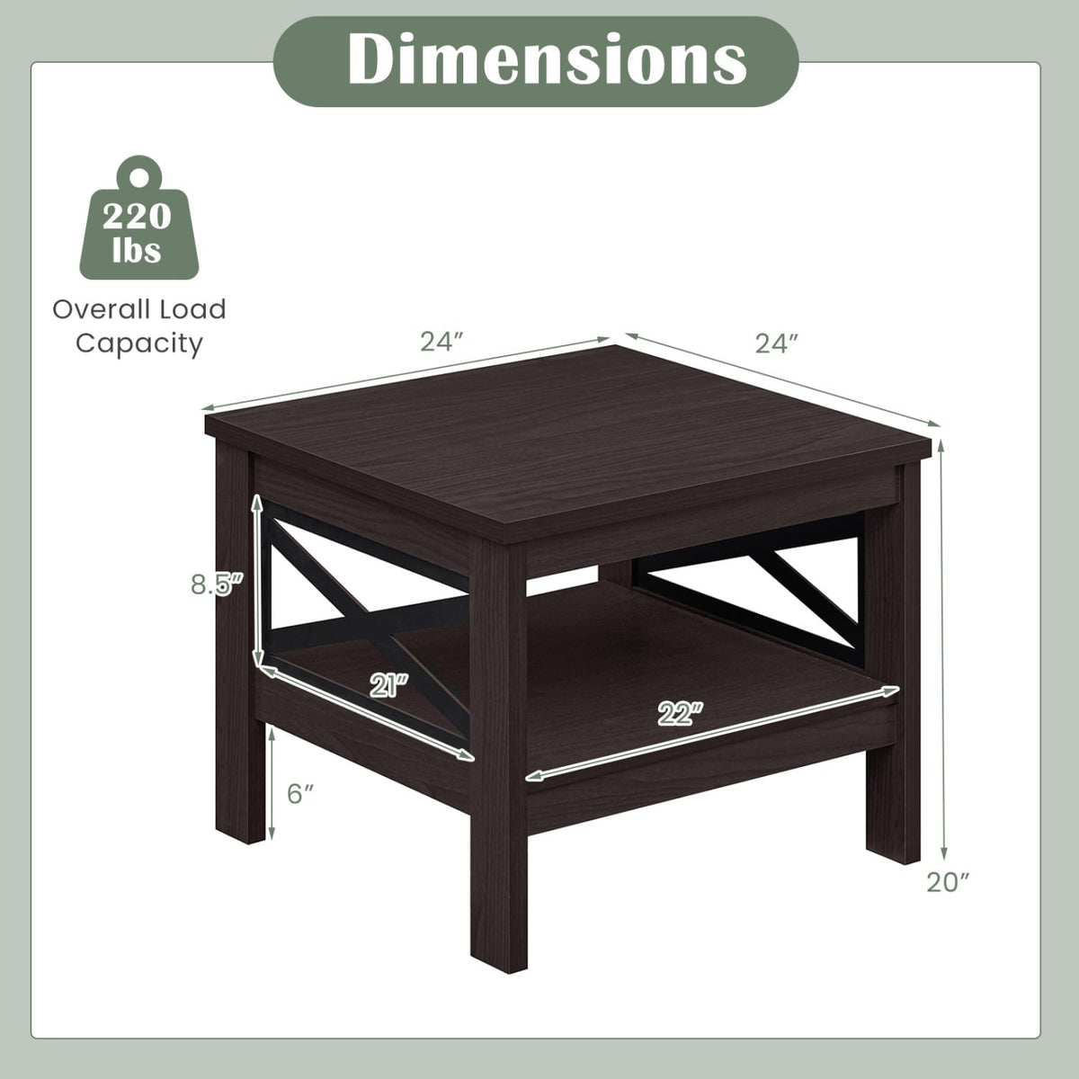 2-Tier Square Side Table with Storage Shelf and X-Frame for Bedroom Living Room-Brown-End & Side Tables-DECOROLALA
