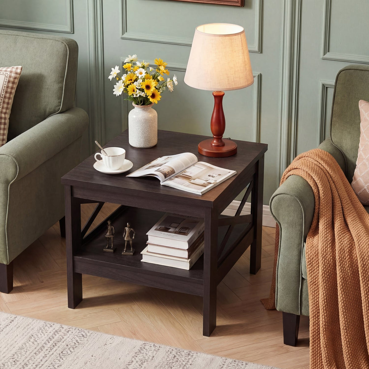 2-Tier Square Side Table with Storage Shelf and X-Frame for Bedroom Living Room-Brown-End & Side Tables-DECOROLALA