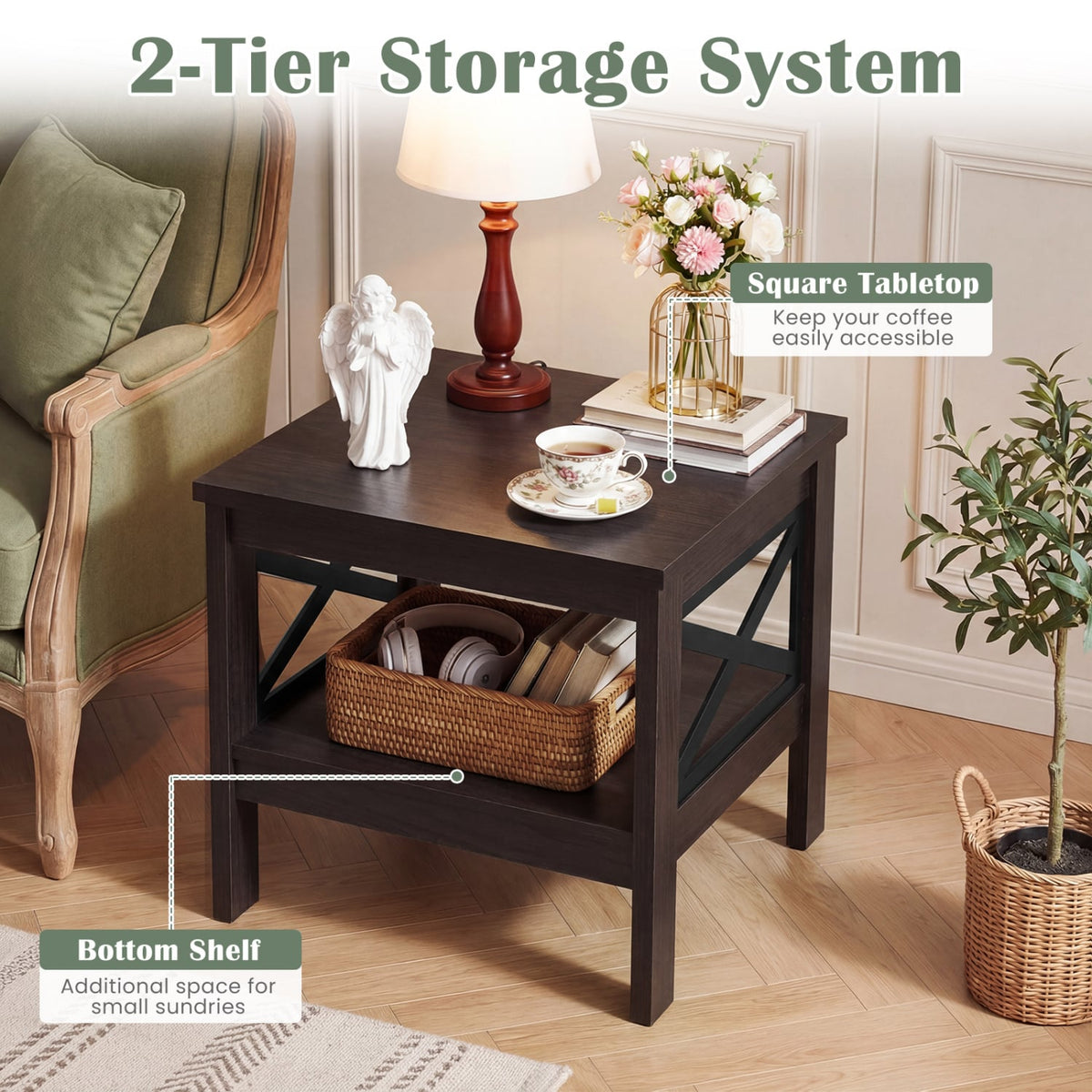 2-Tier Square Side Table with Storage Shelf and X-Frame for Bedroom Living Room-Brown-End & Side Tables-DECOROLALA