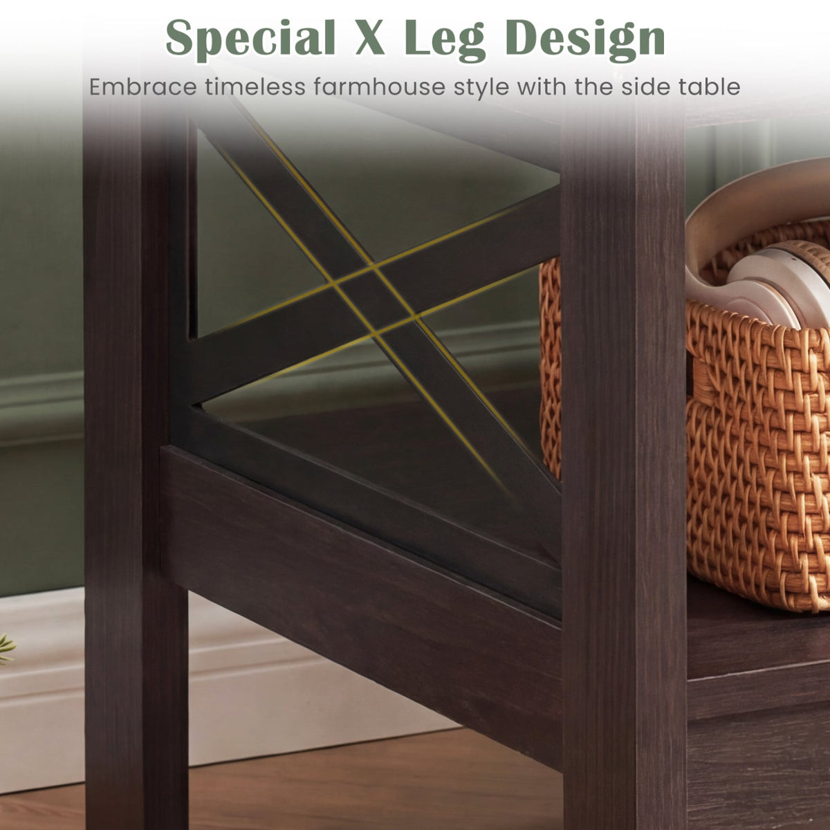 2-Tier Square Side Table with Storage Shelf and X-Frame for Bedroom Living Room-Brown-End & Side Tables-DECOROLALA