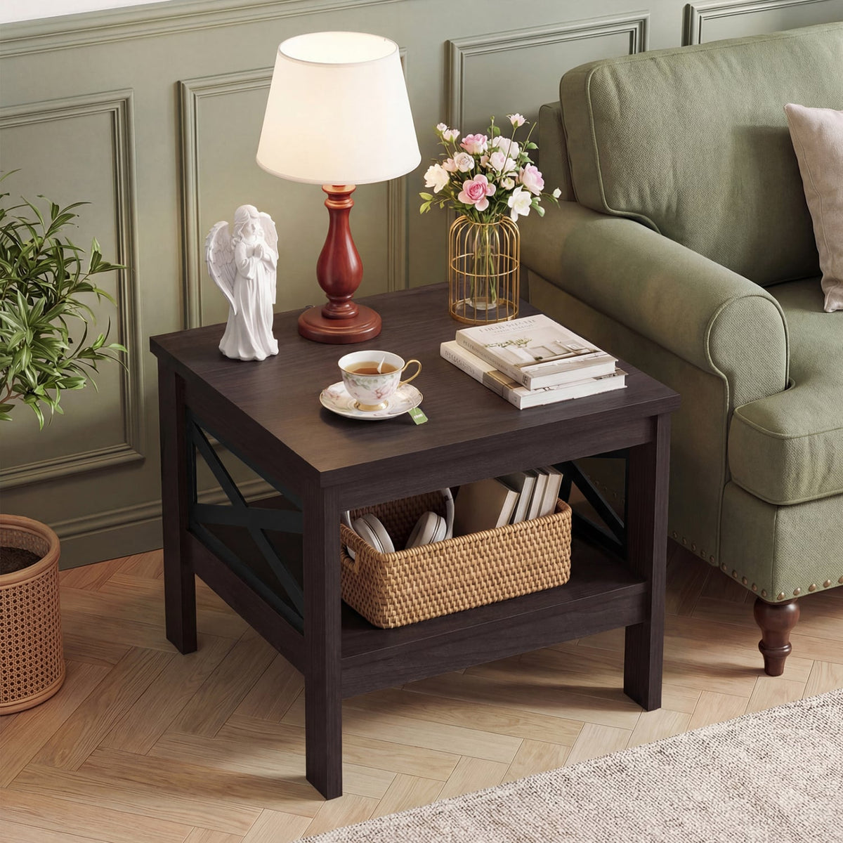 2-Tier Square Side Table with Storage Shelf and X-Frame for Bedroom Living Room-Brown-End & Side Tables-DECOROLALA