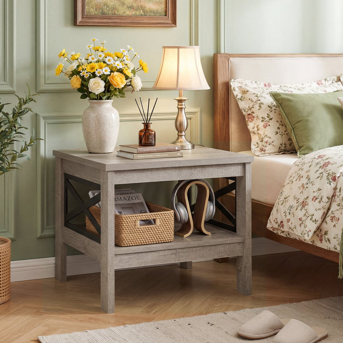 2-Tier Square Side Table with Storage Shelf and X-Frame for Bedroom Living Room-Oak-End & Side Tables-DECOROLALA