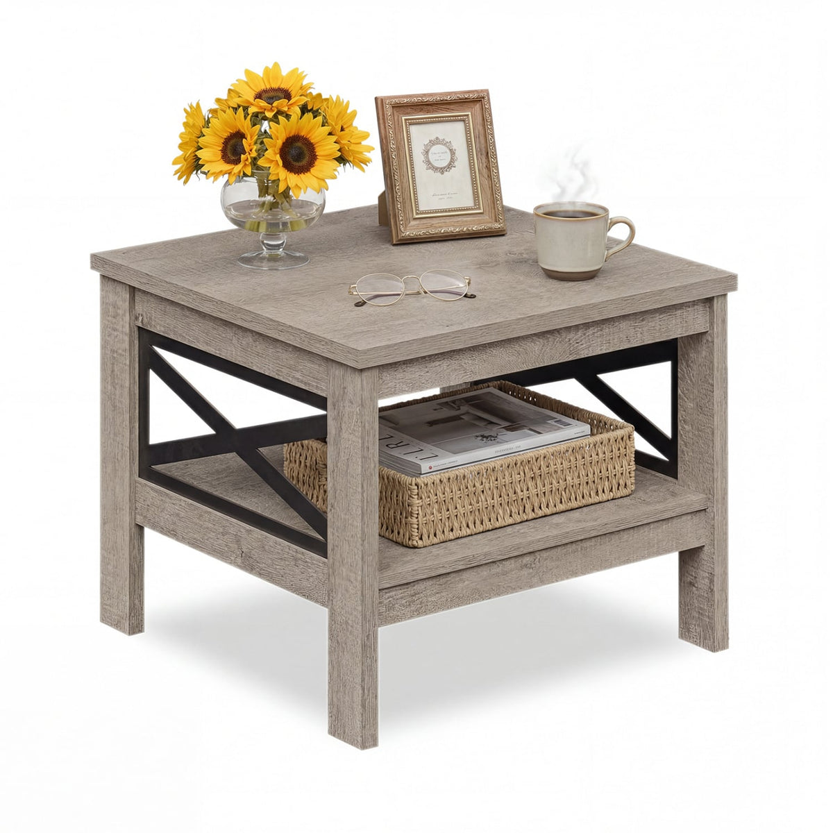 2-Tier Square Side Table with Storage Shelf and X-Frame for Bedroom Living Room-Oak-End & Side Tables-DECOROLALA