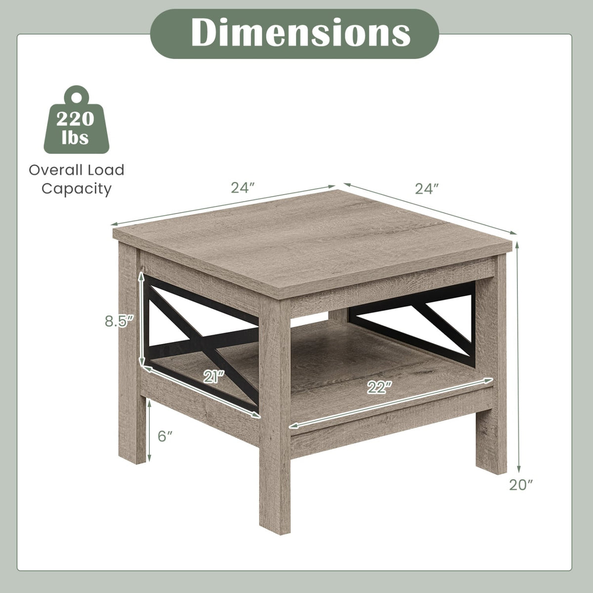 2-Tier Square Side Table with Storage Shelf and X-Frame for Bedroom Living Room-Oak-End & Side Tables-DECOROLALA
