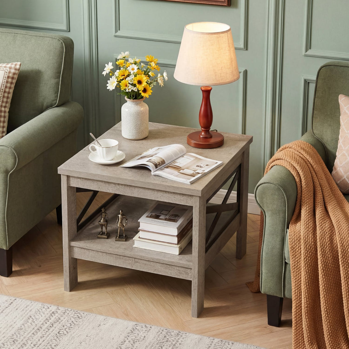 2-Tier Square Side Table with Storage Shelf and X-Frame for Bedroom Living Room-Oak-End & Side Tables-DECOROLALA