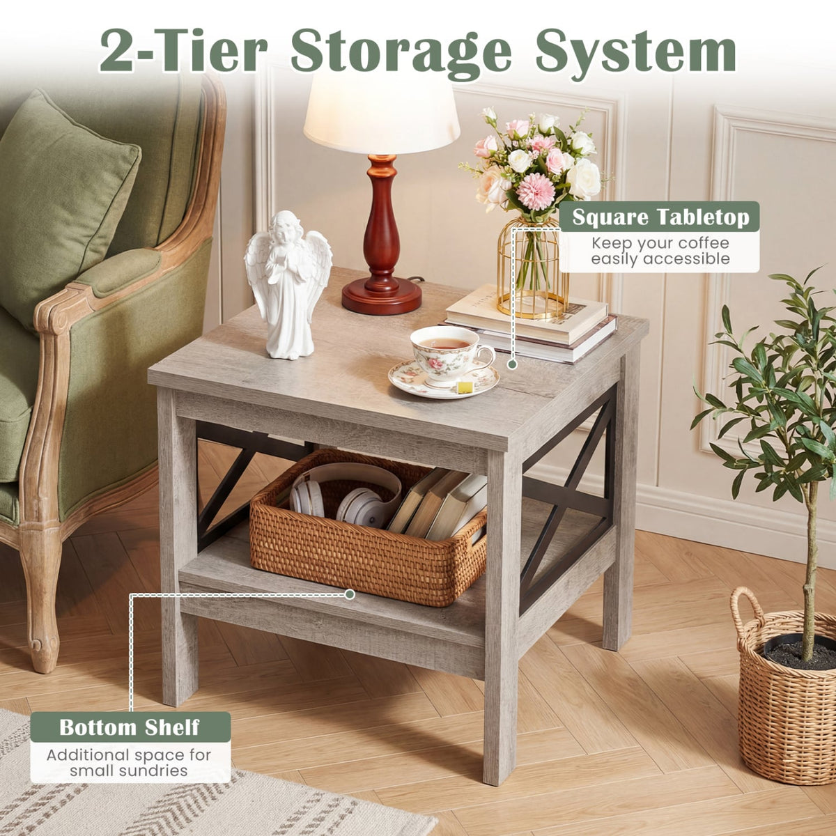 2-Tier Square Side Table with Storage Shelf and X-Frame for Bedroom Living Room-Oak-End & Side Tables-DECOROLALA