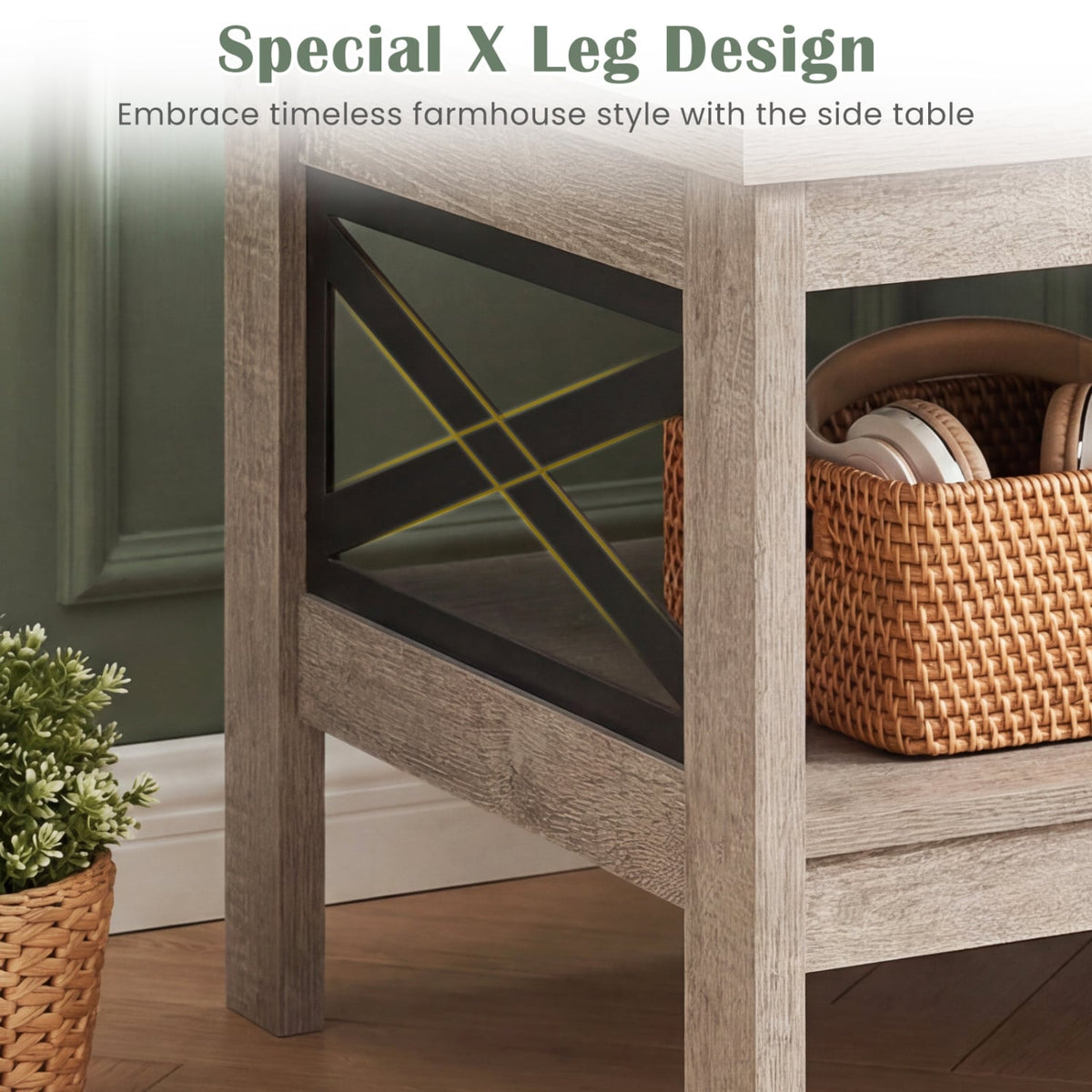 2-Tier Square Side Table with Storage Shelf and X-Frame for Bedroom Living Room-Oak-End & Side Tables-DECOROLALA