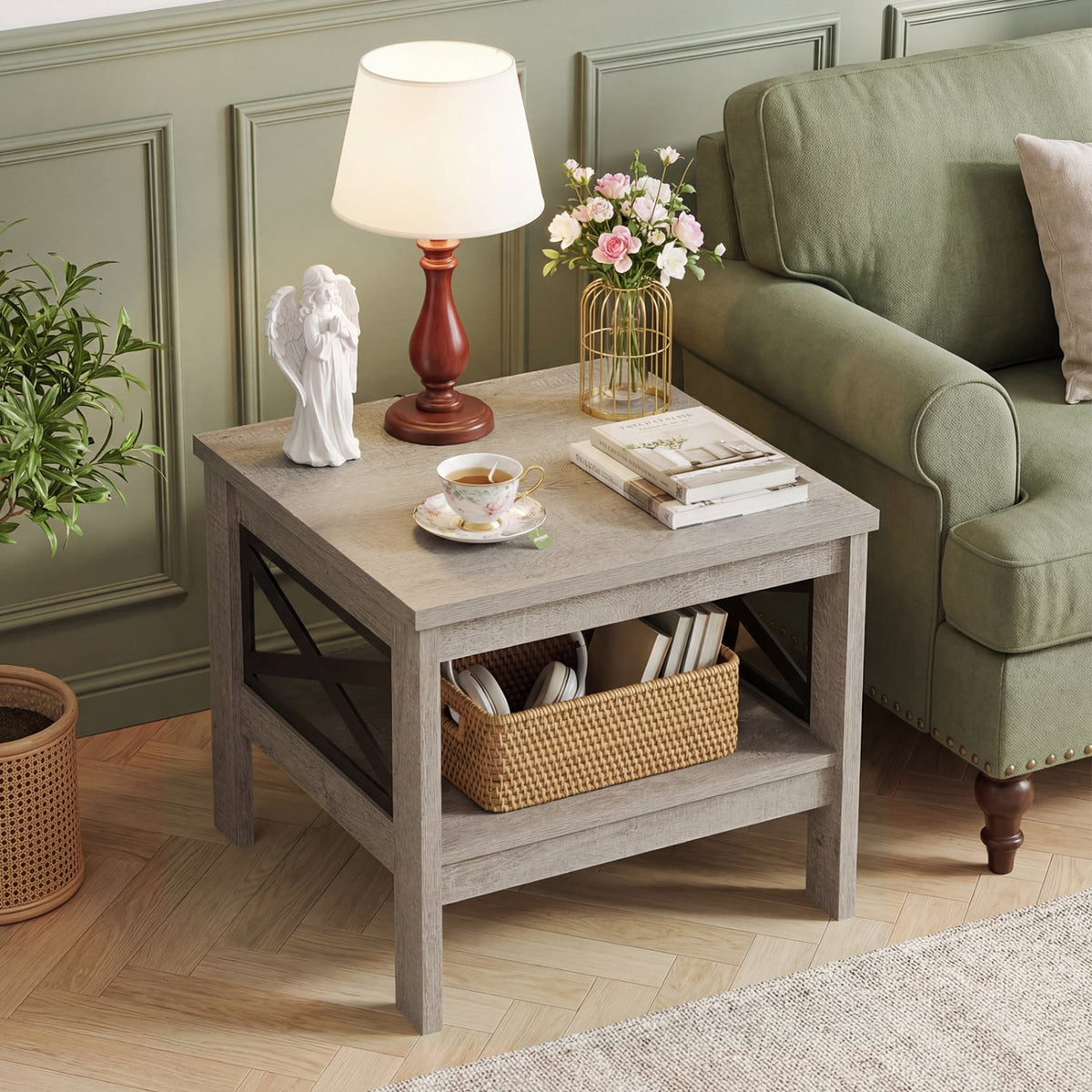 2-Tier Square Side Table with Storage Shelf and X-Frame for Bedroom Living Room-Oak-End & Side Tables-DECOROLALA