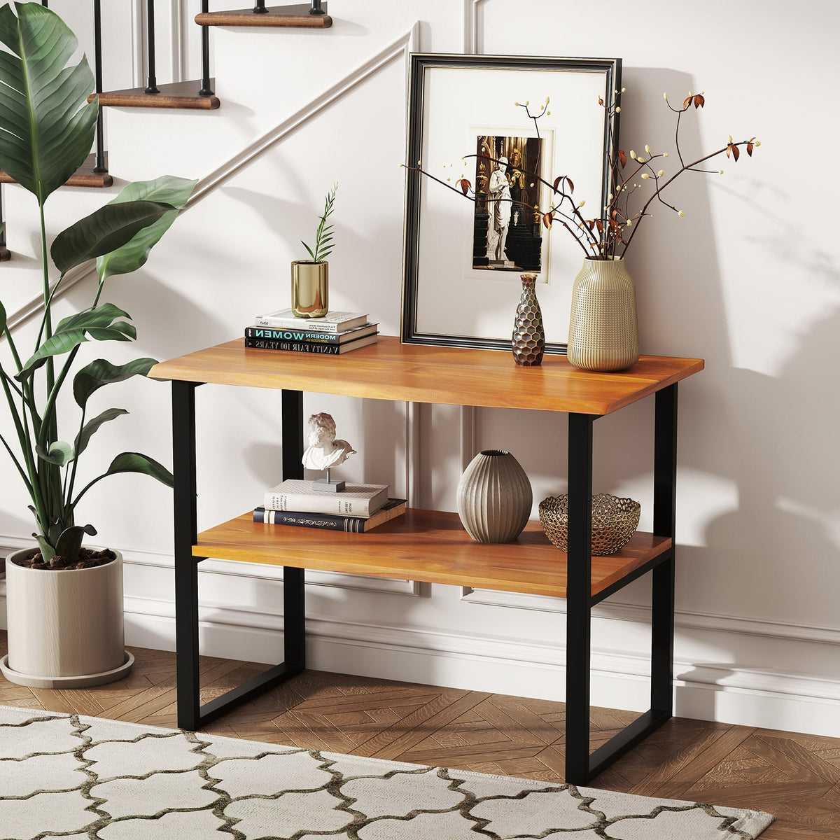 2-Tier Teak Wood End Table Sofa Side for Living Room Hallway Laundry-End & Side Tables-DECOROLALA