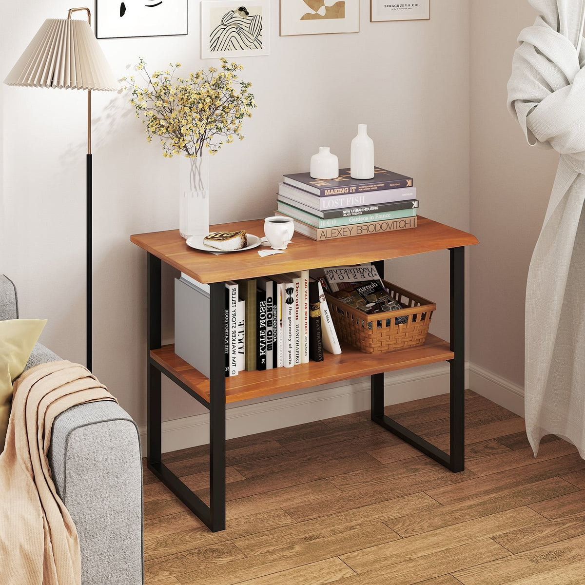 2-Tier Teak Wood End Table Sofa Side for Living Room Hallway Laundry-End & Side Tables-DECOROLALA