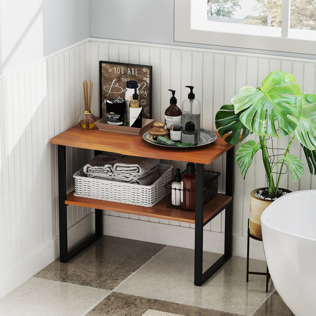 2-Tier Teak Wood End Table Sofa Side for Living Room Hallway Laundry-End & Side Tables-DECOROLALA