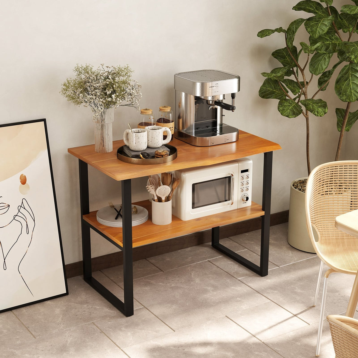 2-Tier Teak Wood End Table Sofa Side for Living Room Hallway Laundry-End & Side Tables-DECOROLALA