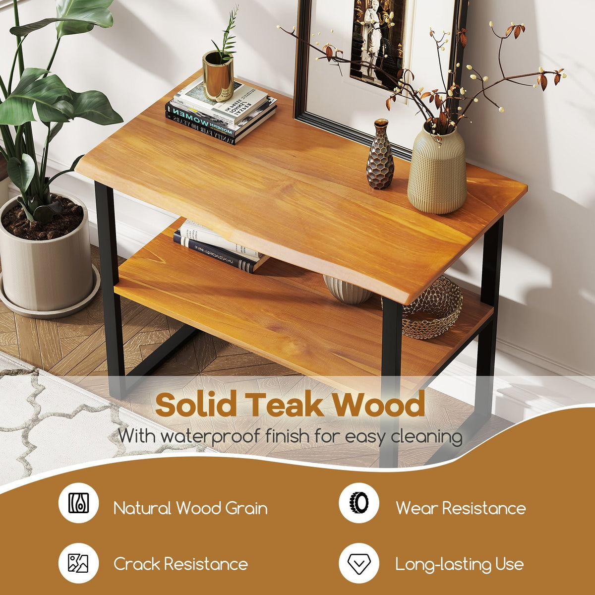 2-Tier Teak Wood End Table Sofa Side for Living Room Hallway Laundry-End & Side Tables-DECOROLALA