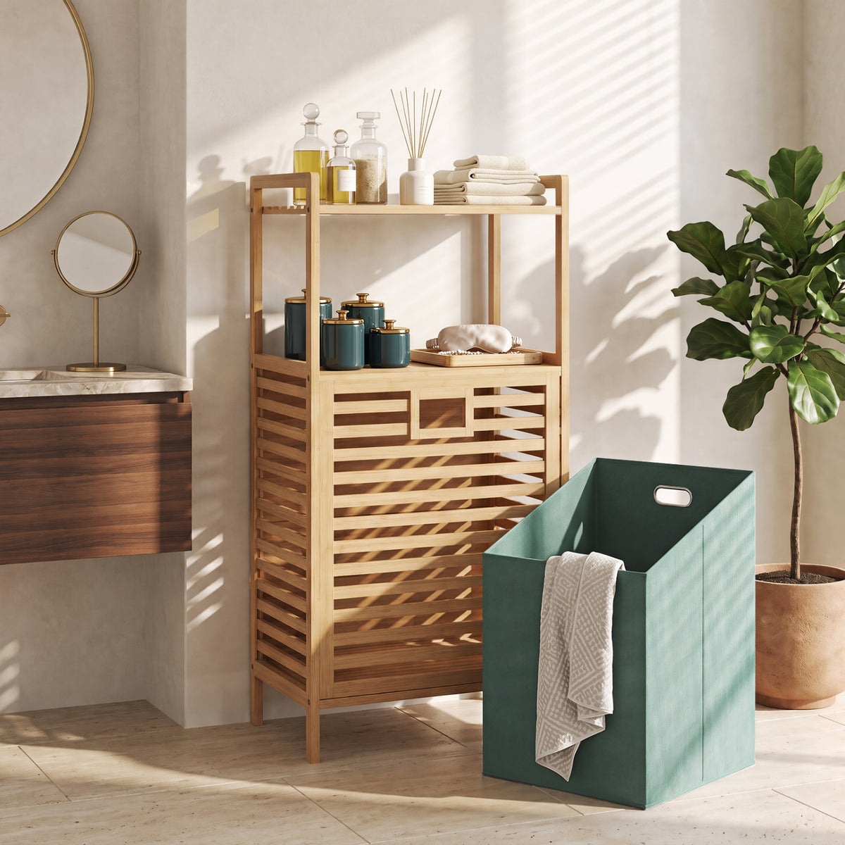 2-Tier Tilt out Laundry Hamper with Foldable and Removable Basket-Green-Laundry Baskets-DECOROLALA