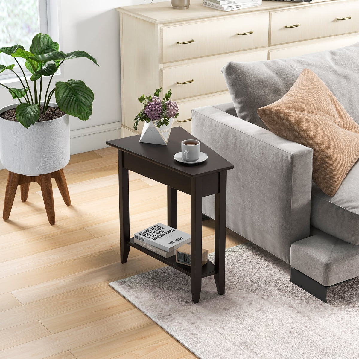 2-Tier Wedge Narrow End Table with Storage Shelf and Solid Wood Legs-Espresso-End & Side Tables-DECOROLALA