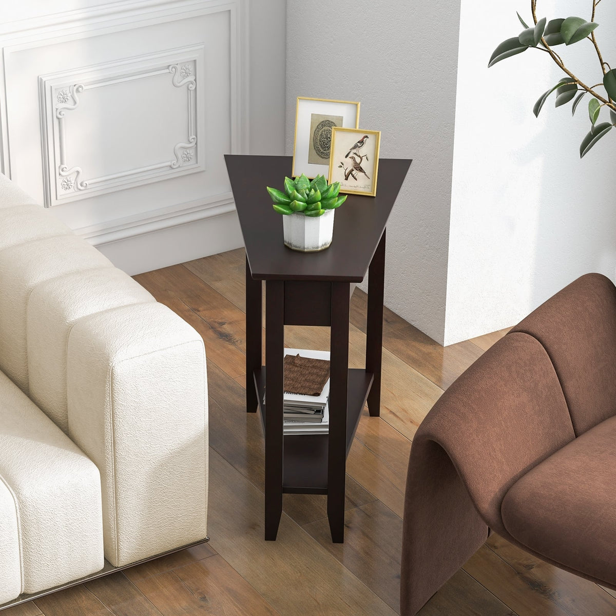 2-Tier Wedge Narrow End Table with Storage Shelf and Solid Wood Legs-Espresso-End & Side Tables-DECOROLALA