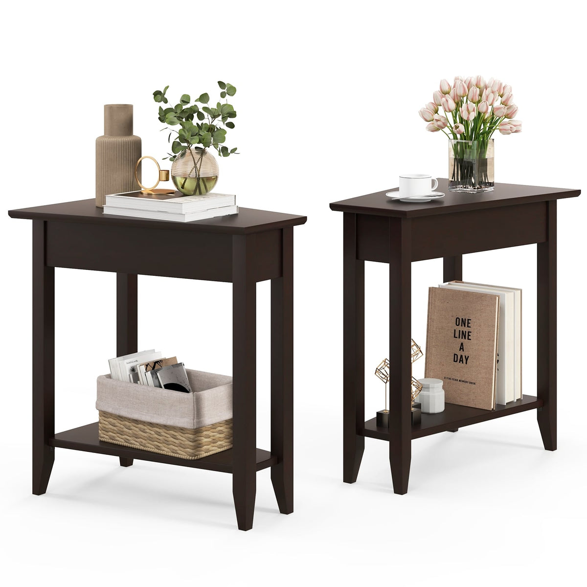 2-Tier Wedge Narrow End Table with Storage Shelf and Solid Wood Legs-Espresso-End & Side Tables-DECOROLALA