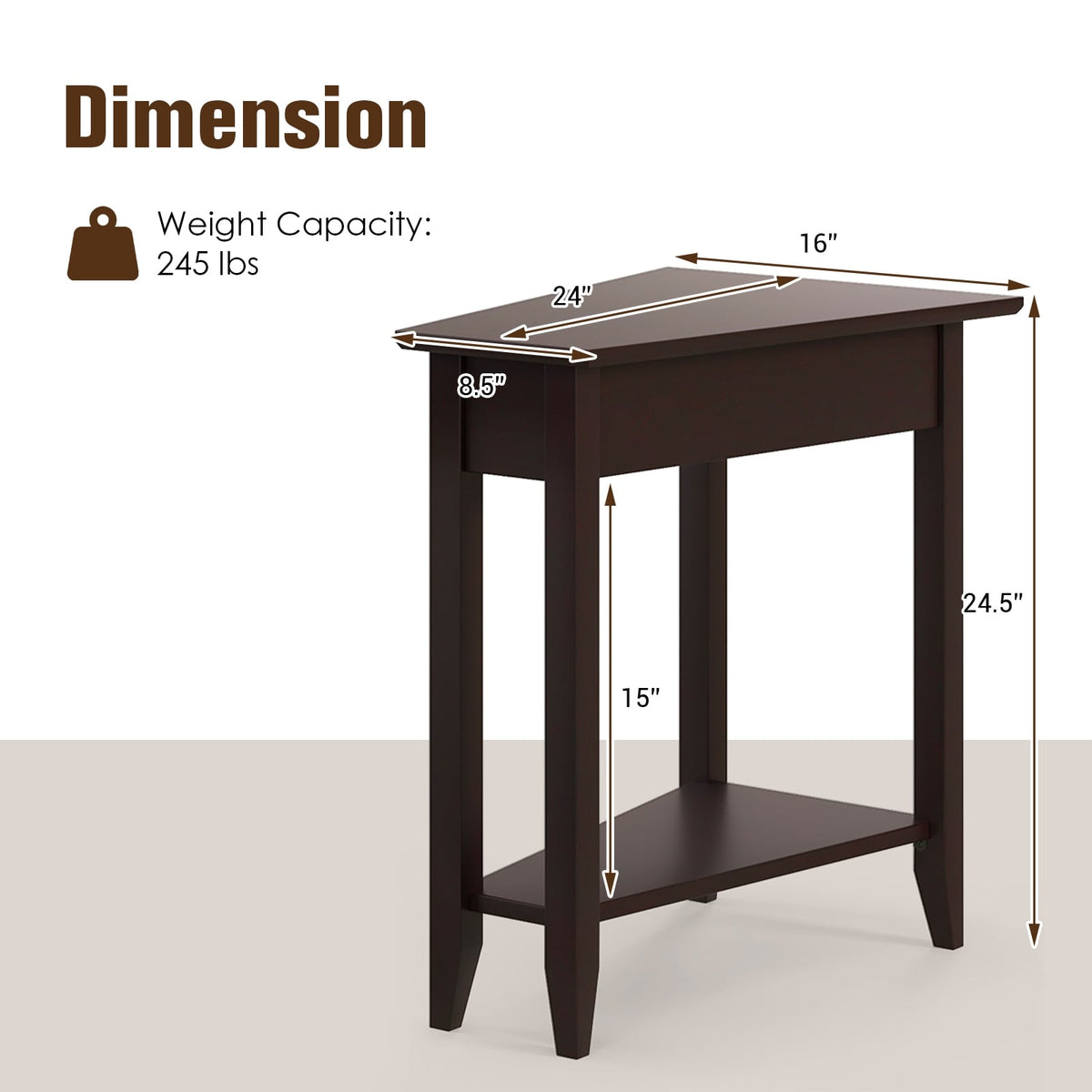 2-Tier Wedge Narrow End Table with Storage Shelf and Solid Wood Legs-Espresso-End & Side Tables-DECOROLALA