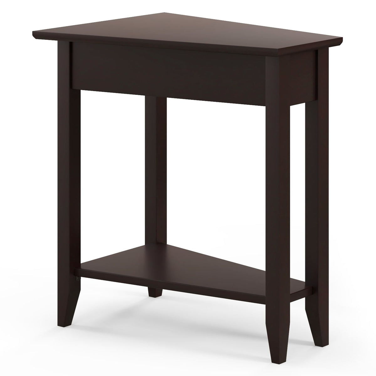 2-Tier Wedge Narrow End Table with Storage Shelf and Solid Wood Legs-Espresso-End & Side Tables-DECOROLALA