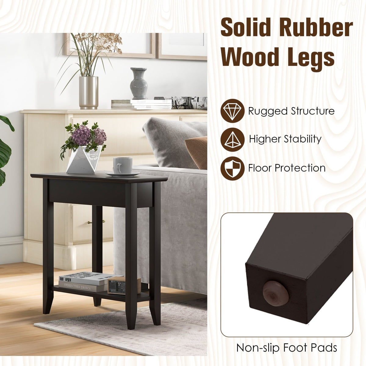 2-Tier Wedge Narrow End Table with Storage Shelf and Solid Wood Legs-Espresso-End & Side Tables-DECOROLALA