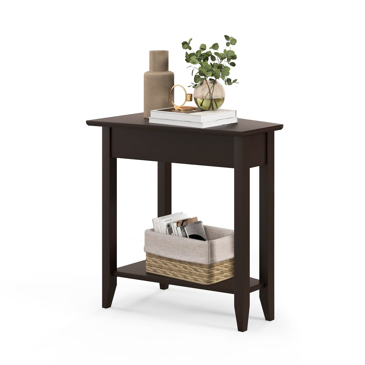 2-Tier Wedge Narrow End Table with Storage Shelf and Solid Wood Legs-Espresso-End & Side Tables-DECOROLALA