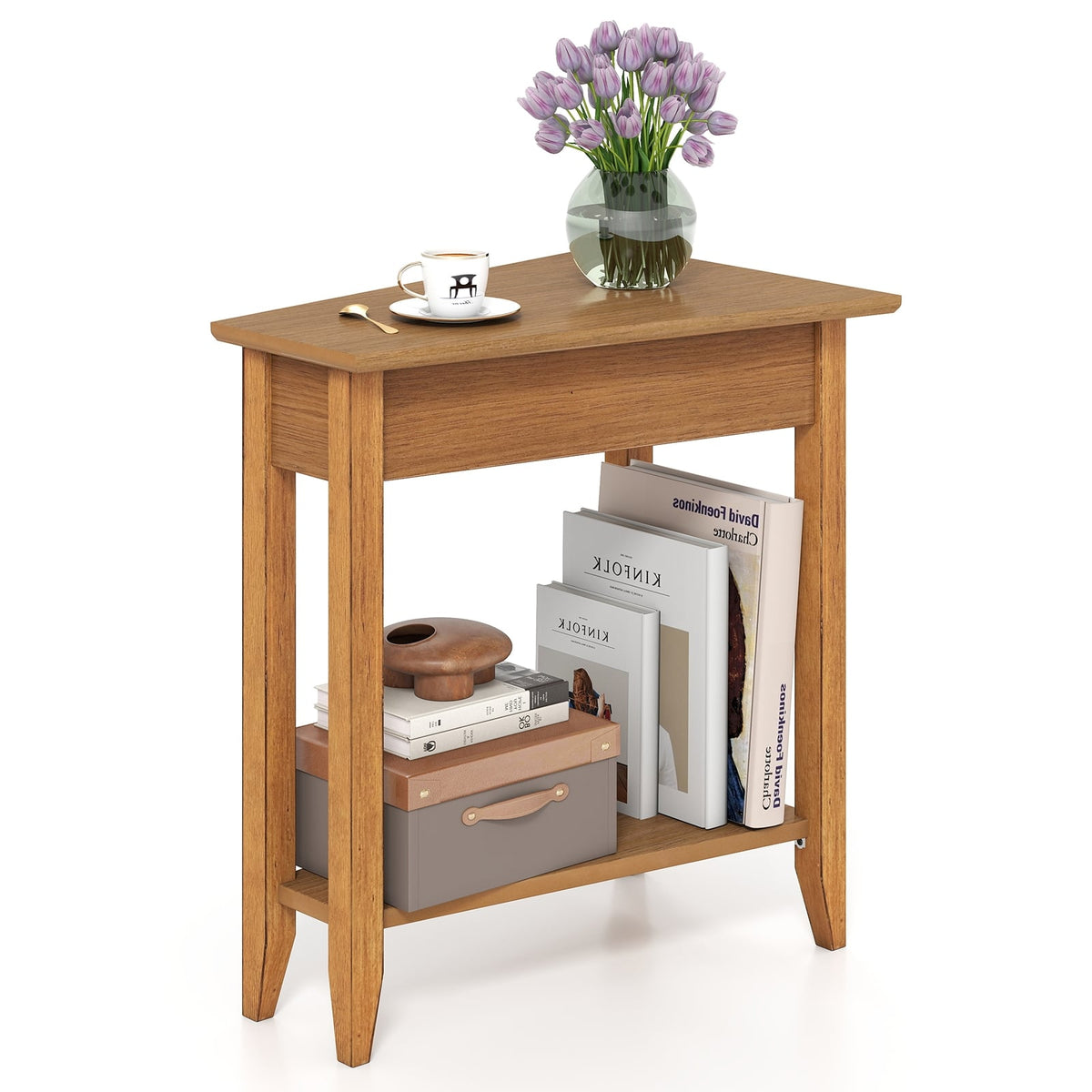 2-Tier Wedge Narrow End Table with Storage Shelf and Solid Wood Legs-Walnut-End & Side Tables-DECOROLALA
