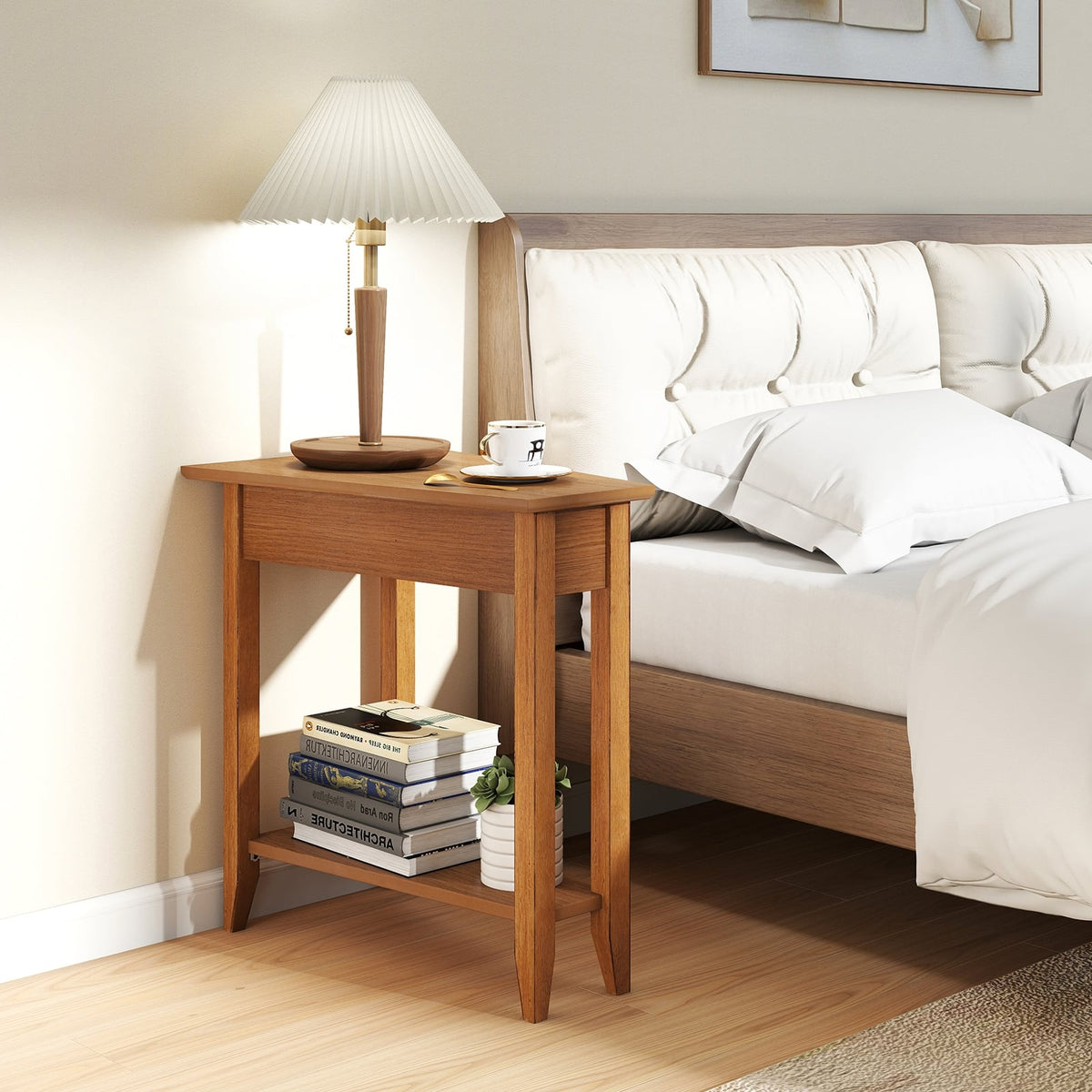 2-Tier Wedge Narrow End Table with Storage Shelf and Solid Wood Legs-Walnut-End & Side Tables-DECOROLALA