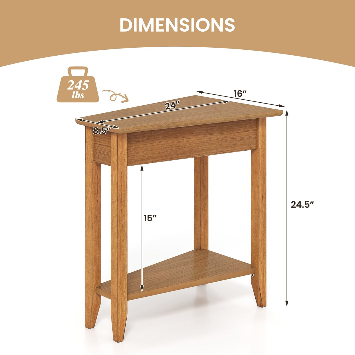 2-Tier Wedge Narrow End Table with Storage Shelf and Solid Wood Legs-Walnut-End & Side Tables-DECOROLALA