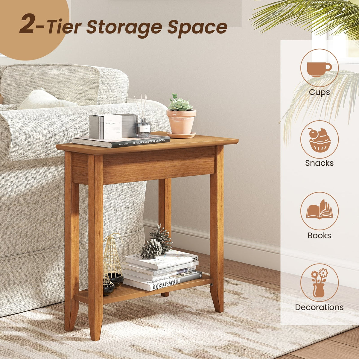 2-Tier Wedge Narrow End Table with Storage Shelf and Solid Wood Legs-Walnut-End & Side Tables-DECOROLALA