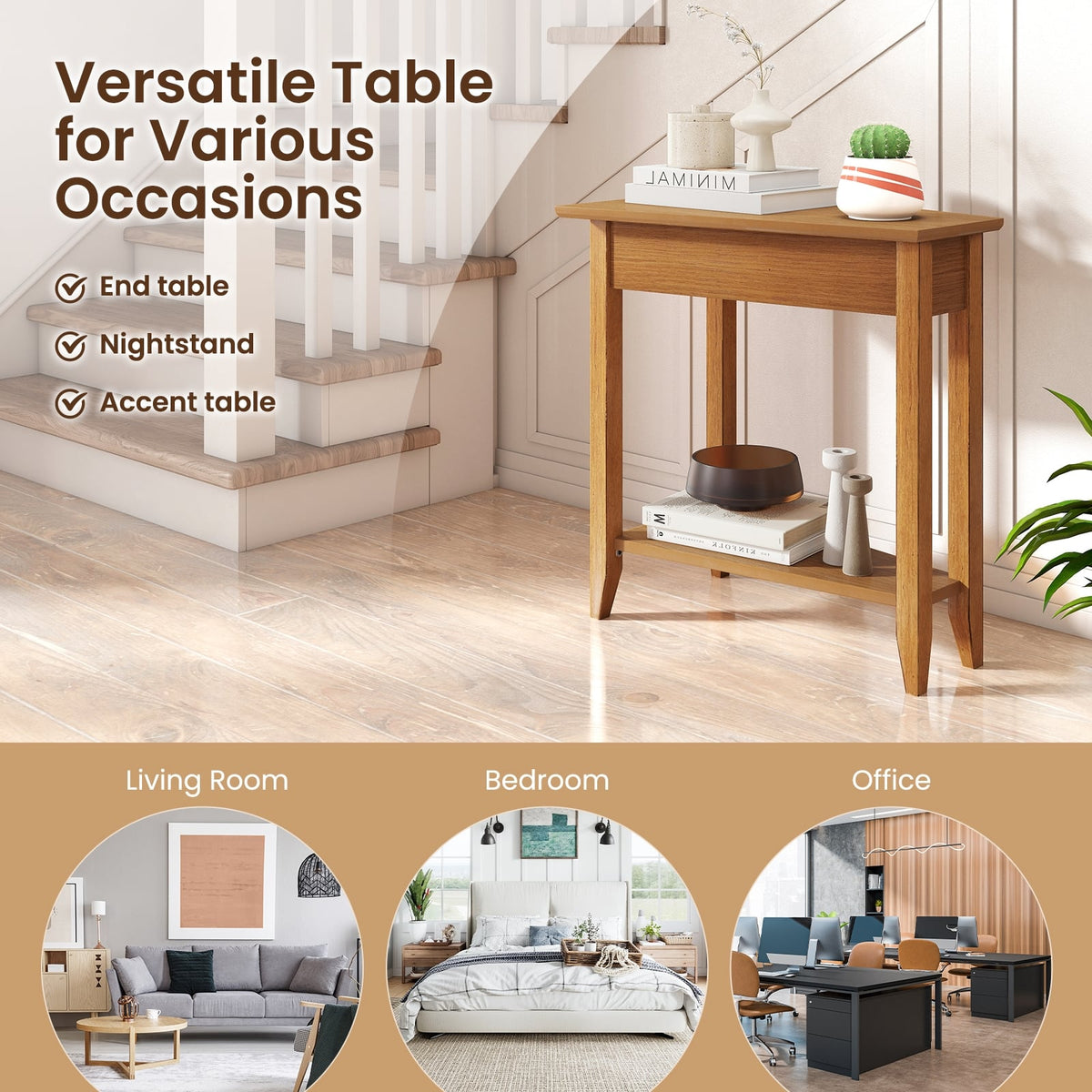2-Tier Wedge Narrow End Table with Storage Shelf and Solid Wood Legs-Walnut-End & Side Tables-DECOROLALA