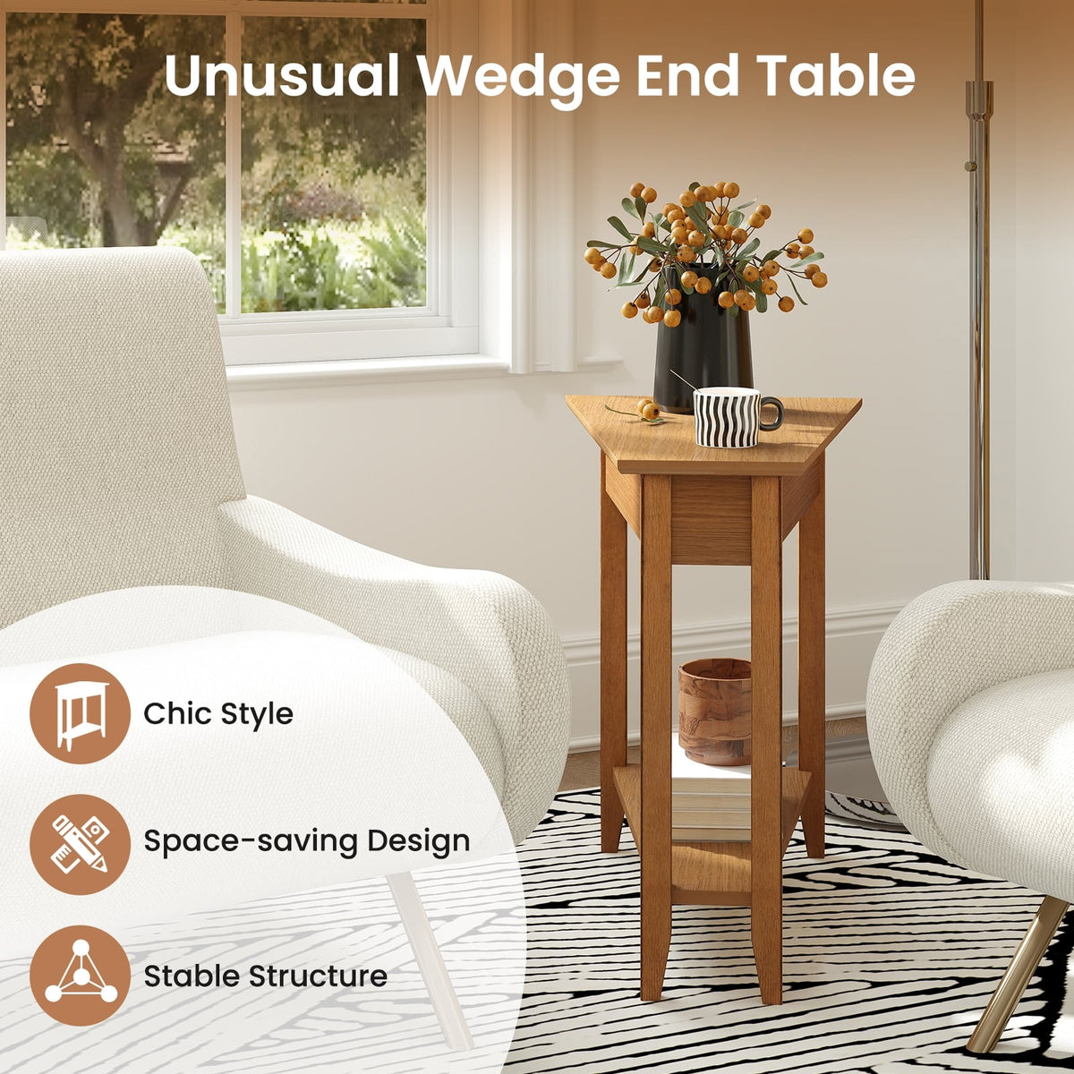 2-Tier Wedge Narrow End Table with Storage Shelf and Solid Wood Legs-Walnut-End & Side Tables-DECOROLALA
