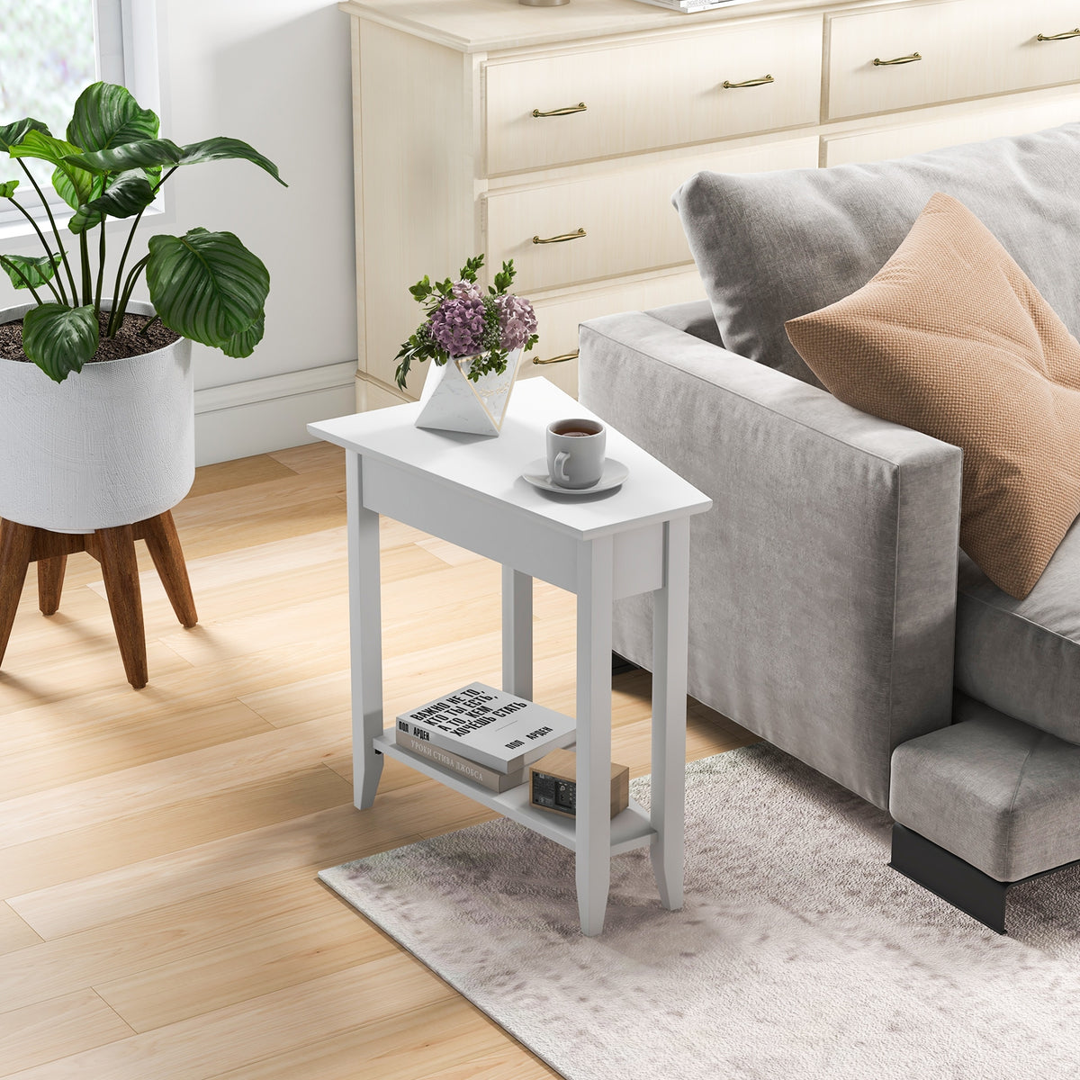 2-Tier Wedge Narrow End Table with Storage Shelf and Solid Wood Legs-White-End & Side Tables-DECOROLALA