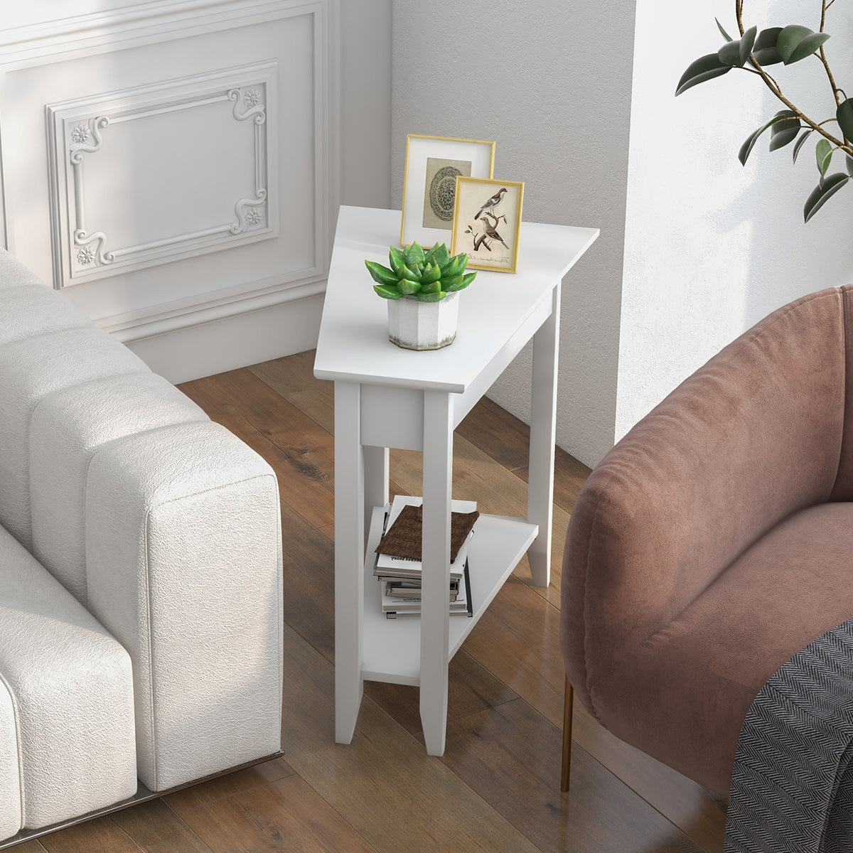 2-Tier Wedge Narrow End Table with Storage Shelf and Solid Wood Legs-White-End & Side Tables-DECOROLALA