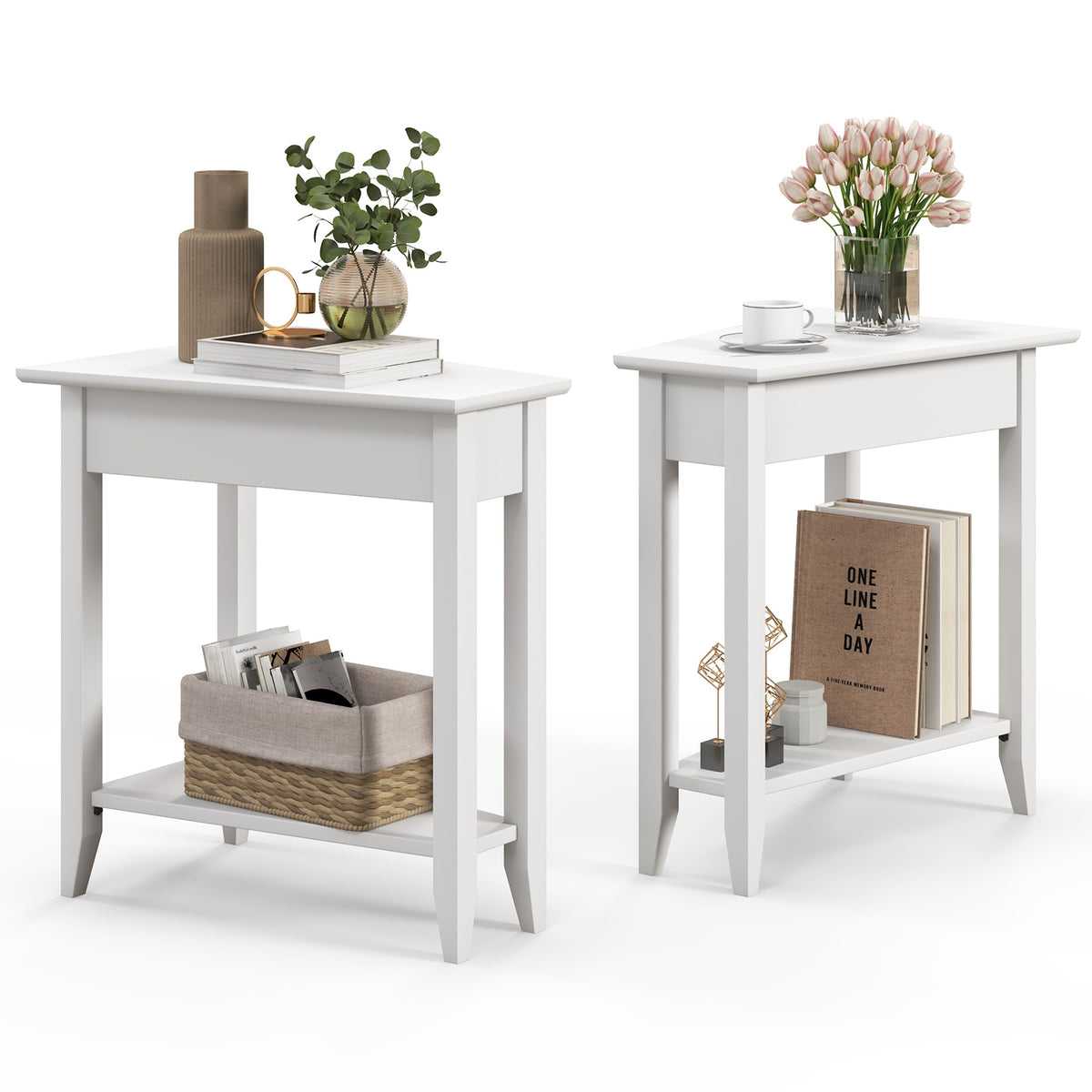 2-Tier Wedge Narrow End Table with Storage Shelf and Solid Wood Legs-White-End & Side Tables-DECOROLALA
