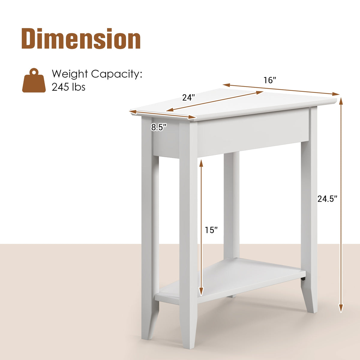 2-Tier Wedge Narrow End Table with Storage Shelf and Solid Wood Legs-White-End & Side Tables-DECOROLALA