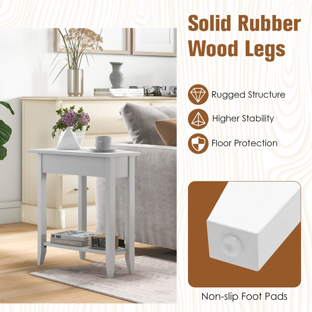 2-Tier Wedge Narrow End Table with Storage Shelf and Solid Wood Legs-White-End & Side Tables-DECOROLALA