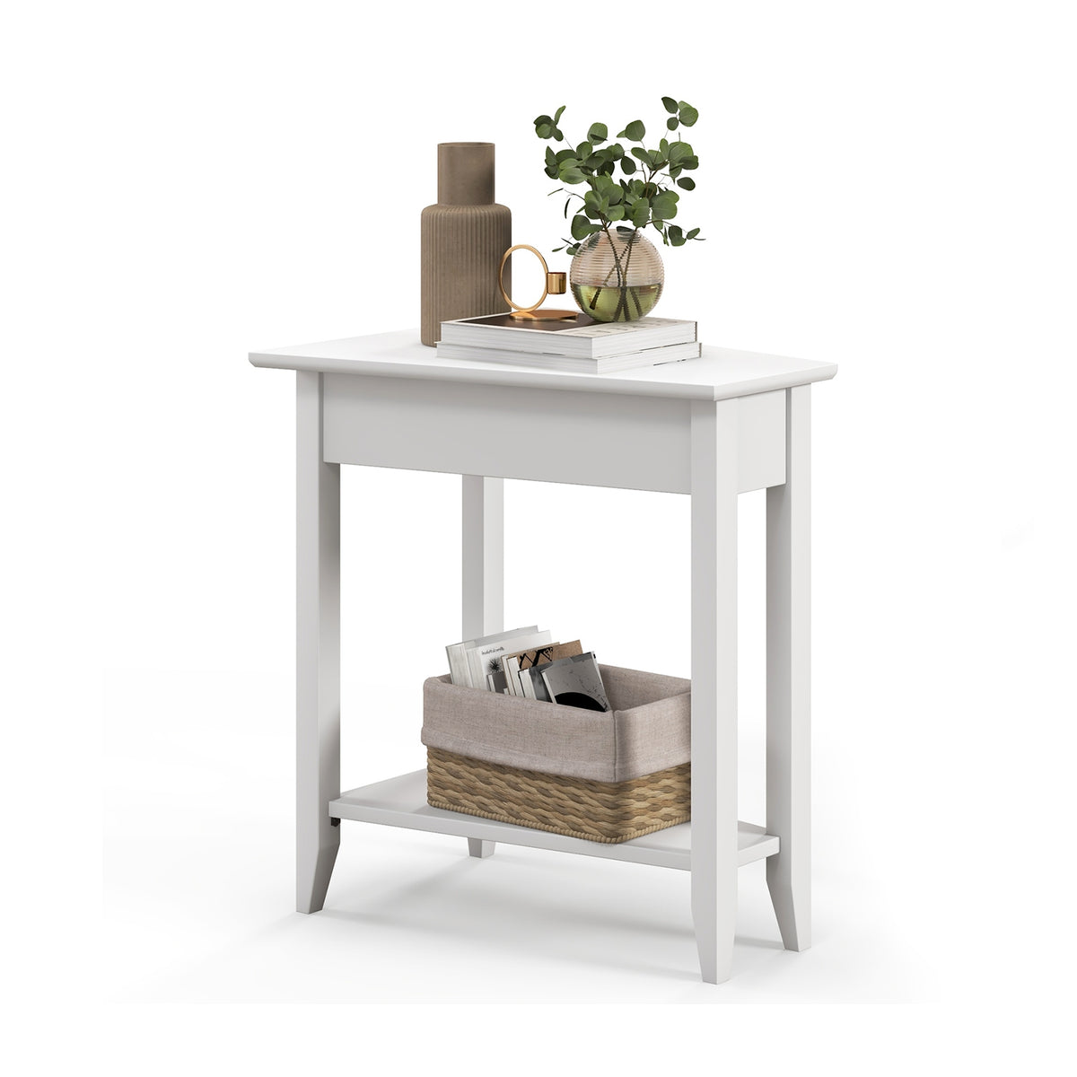 2-Tier Wedge Narrow End Table with Storage Shelf and Solid Wood Legs-White-End & Side Tables-DECOROLALA