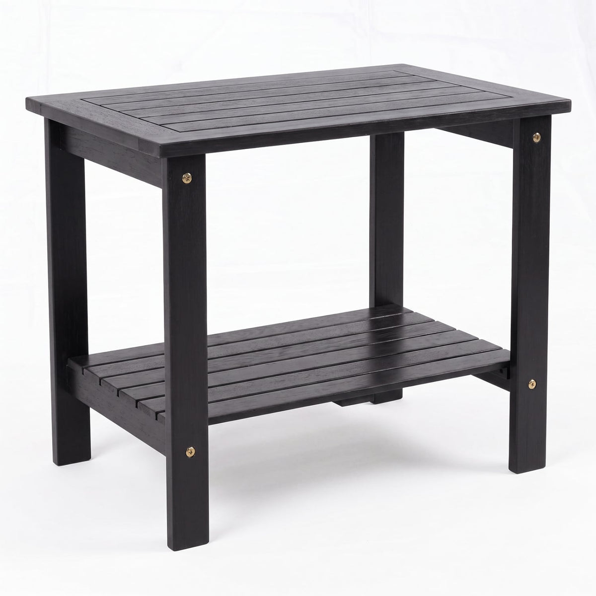2-Tier Wood Patio End Table with Slatted Tabletop and Storage Shelf for Backyard-Black-End & Side Tables-DECOROLALA