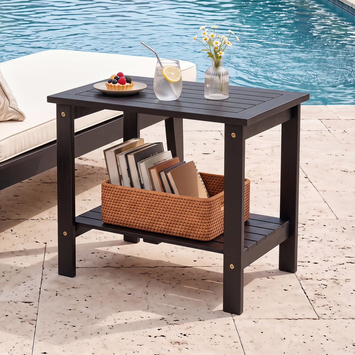 2-Tier Wood Patio End Table with Slatted Tabletop and Storage Shelf for Backyard-Black-End & Side Tables-DECOROLALA