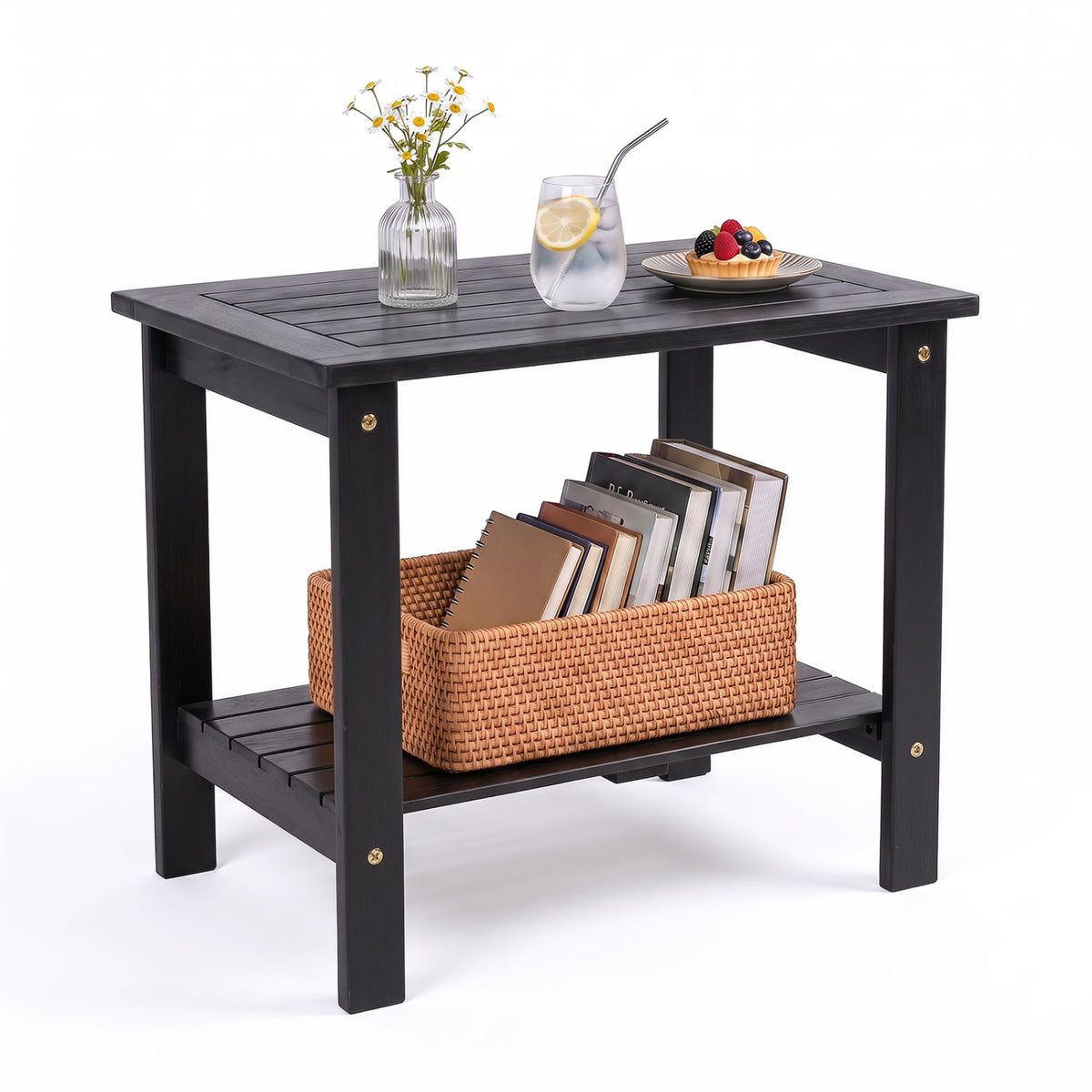 2-Tier Wood Patio End Table with Slatted Tabletop and Storage Shelf for Backyard-Black-End & Side Tables-DECOROLALA