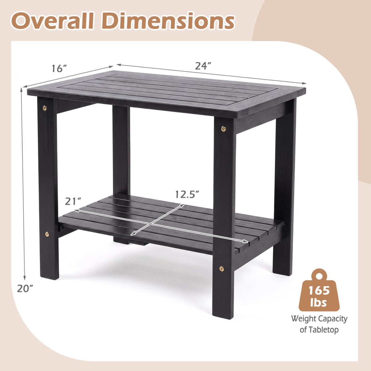 2-Tier Wood Patio End Table with Slatted Tabletop and Storage Shelf for Backyard-Black-End & Side Tables-DECOROLALA