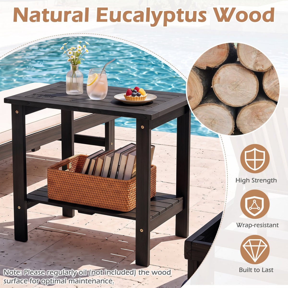 2-Tier Wood Patio End Table with Slatted Tabletop and Storage Shelf for Backyard-Black-End & Side Tables-DECOROLALA