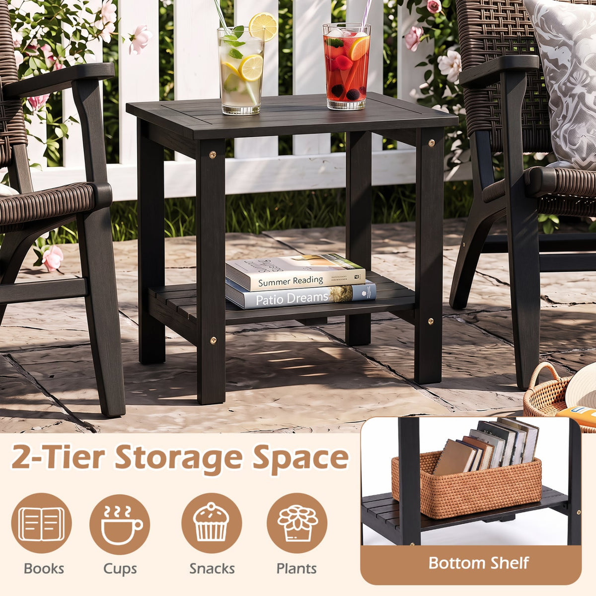 2-Tier Wood Patio End Table with Slatted Tabletop and Storage Shelf for Backyard-Black-End & Side Tables-DECOROLALA