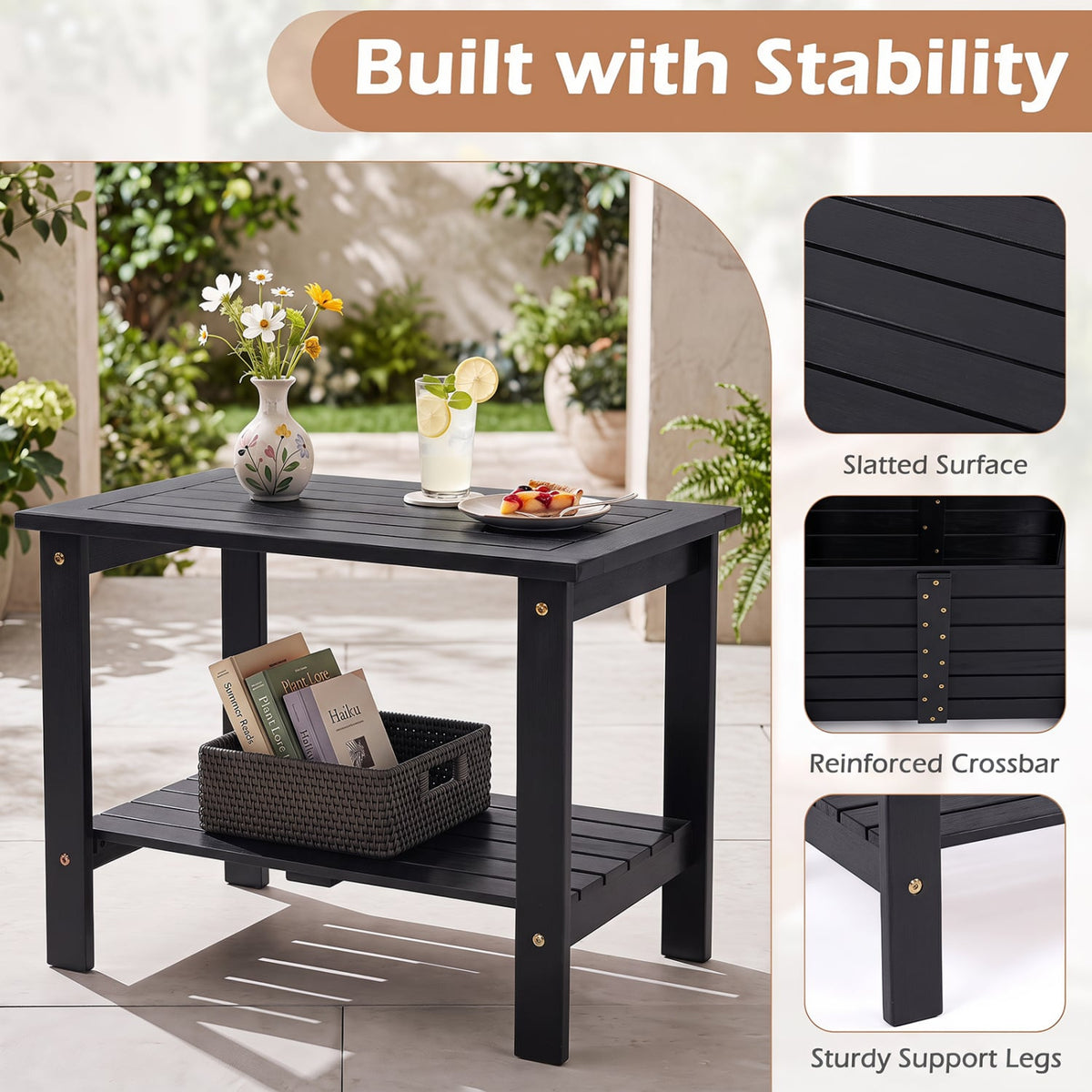 2-Tier Wood Patio End Table with Slatted Tabletop and Storage Shelf for Backyard-Black-End & Side Tables-DECOROLALA