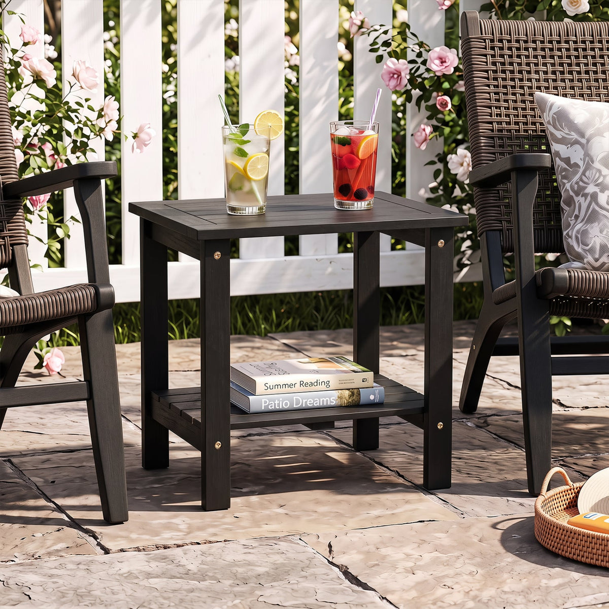 2-Tier Wood Patio End Table with Slatted Tabletop and Storage Shelf for Backyard-Black-End & Side Tables-DECOROLALA