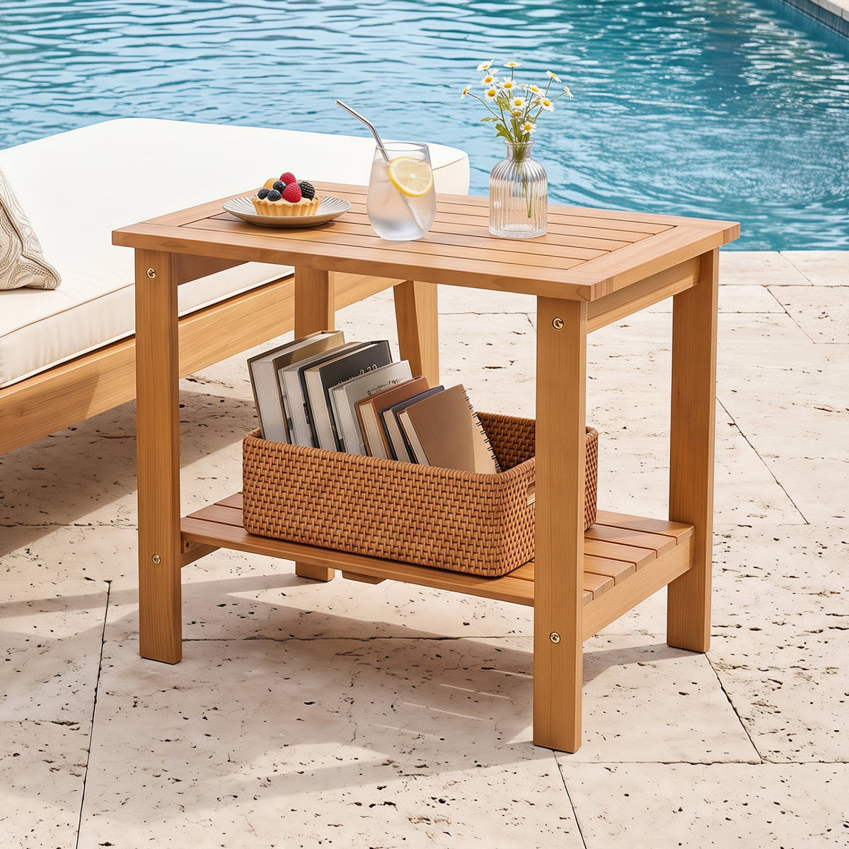 2-Tier Wood Patio End Table with Slatted Tabletop and Storage Shelf for Backyard-Natrual-End & Side Tables-DECOROLALA
