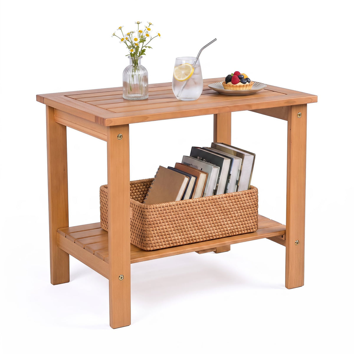 2-Tier Wood Patio End Table with Slatted Tabletop and Storage Shelf for Backyard-Natrual-End & Side Tables-DECOROLALA